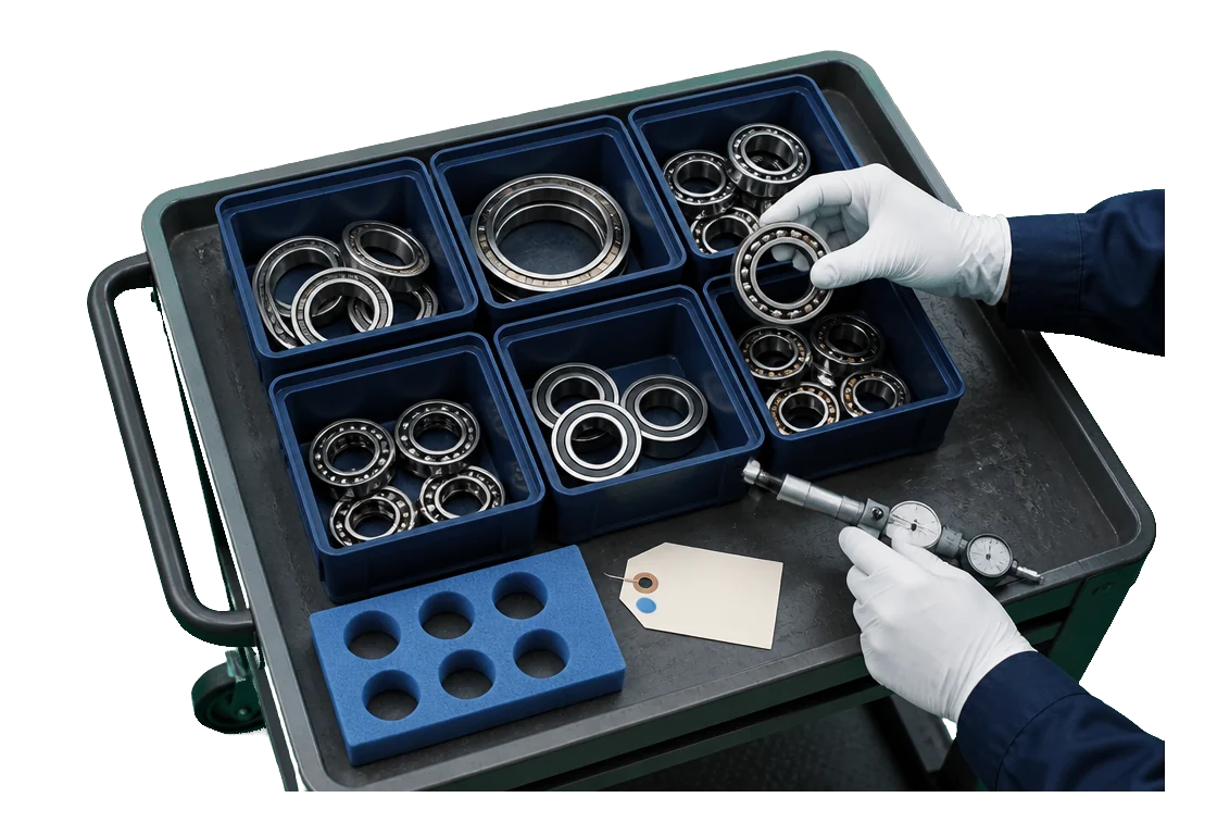 White-gloved technician selecting and checking precision bearings from controlled inventory bins