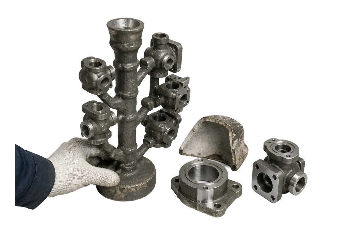 Foundry technician holding an investment-casting tree beside ceramic shell and finished cast housings