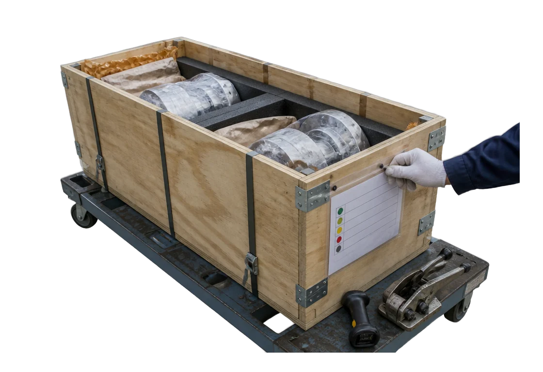 Technician documenting protected industrial components inside a custom export crate
