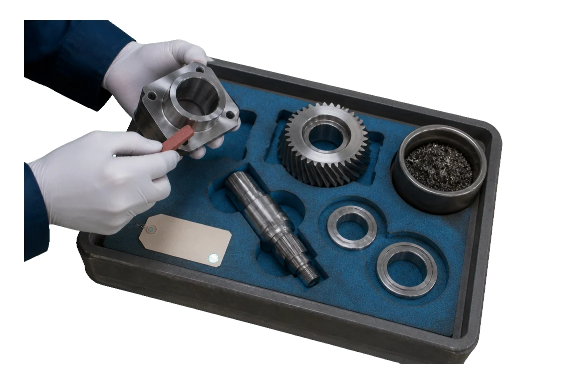 Machinist hand-finishing a freshly machined housing beside gears, shafts, and precision rings