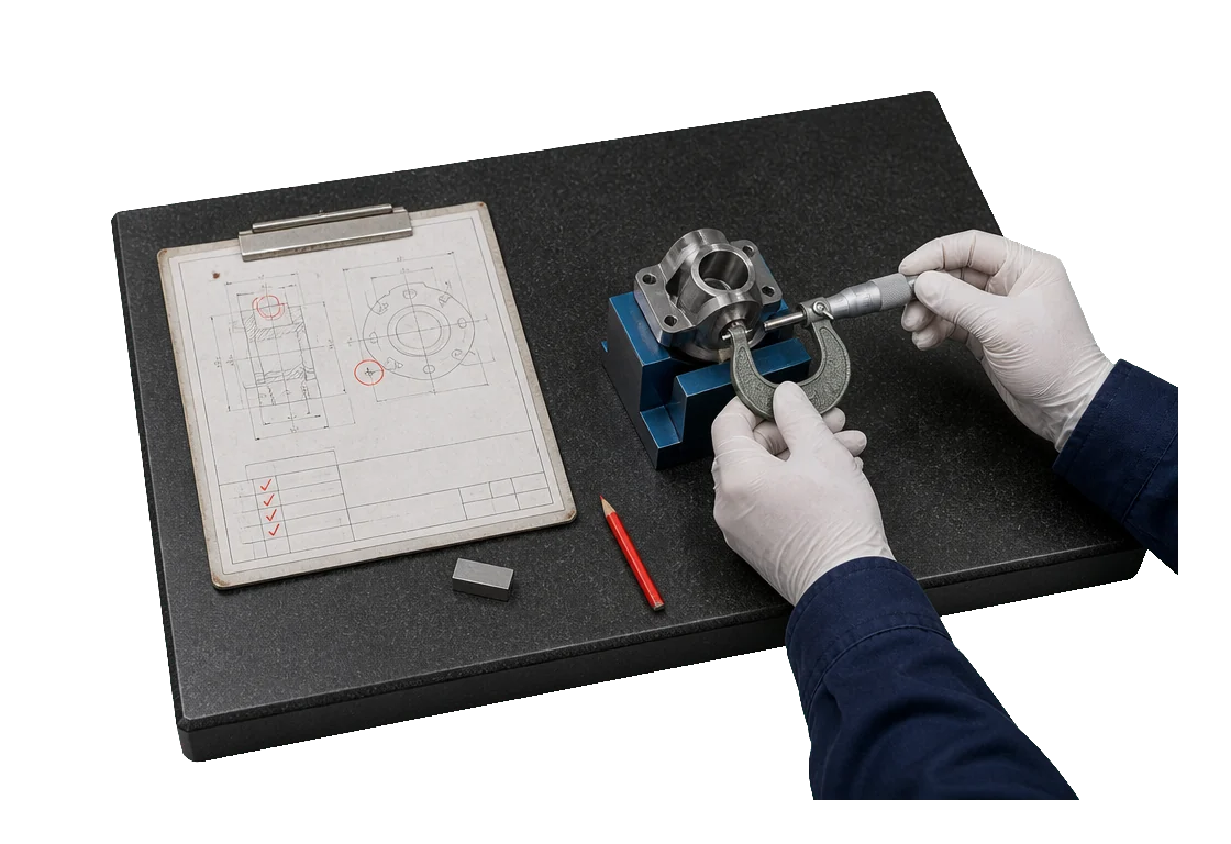 White-gloved inspector measuring a fixtured housing with a micrometer beside a marked engineering drawing