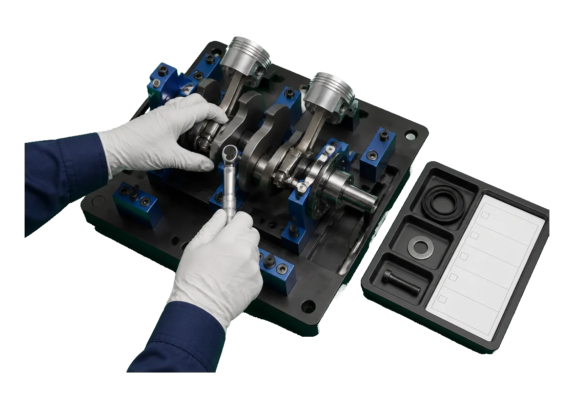 Technicians completing a crankshaft and piston mechanism on an assembly pallet